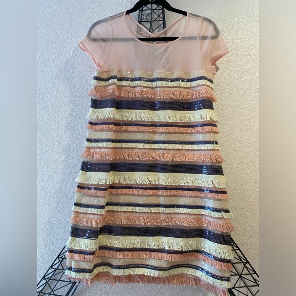 Multi colored short sleeved mesh on top size large mini fringe dress